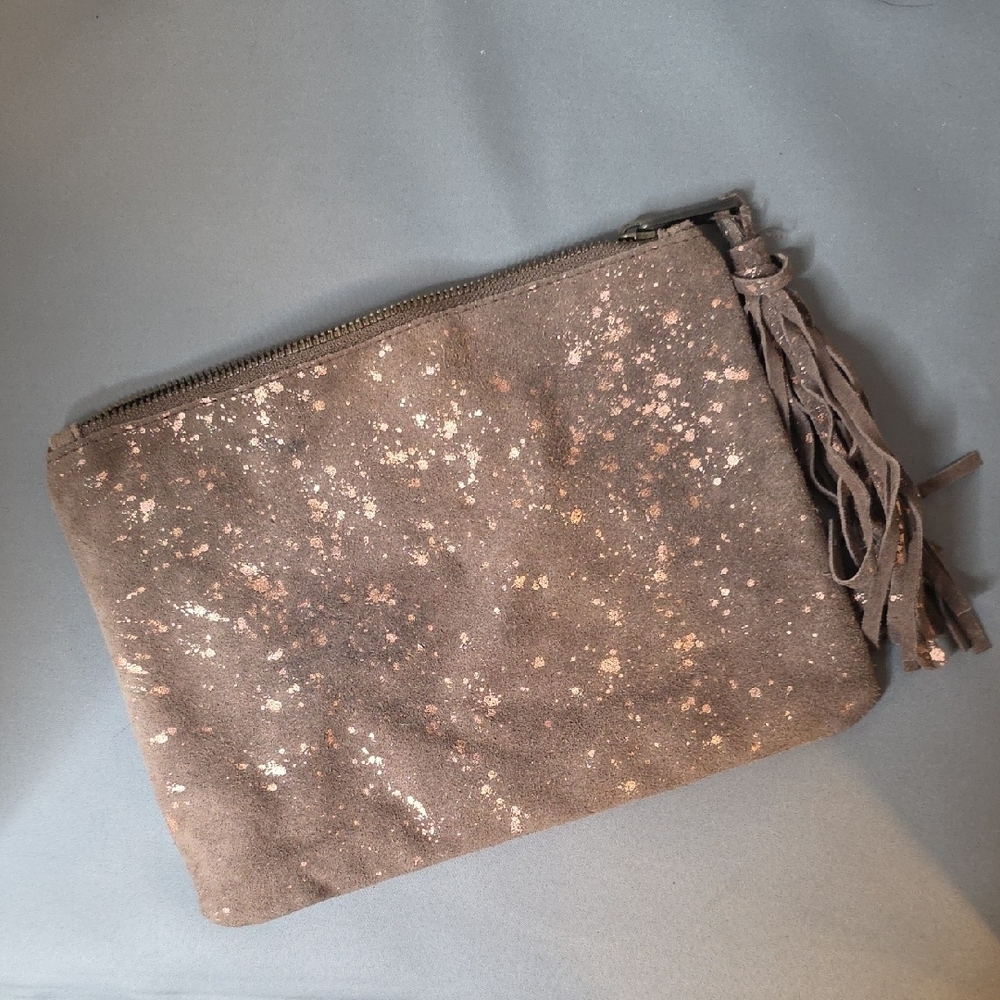 Brown Suede Leather Clutch with Tassel And Metallic Accents Western COWGIRL